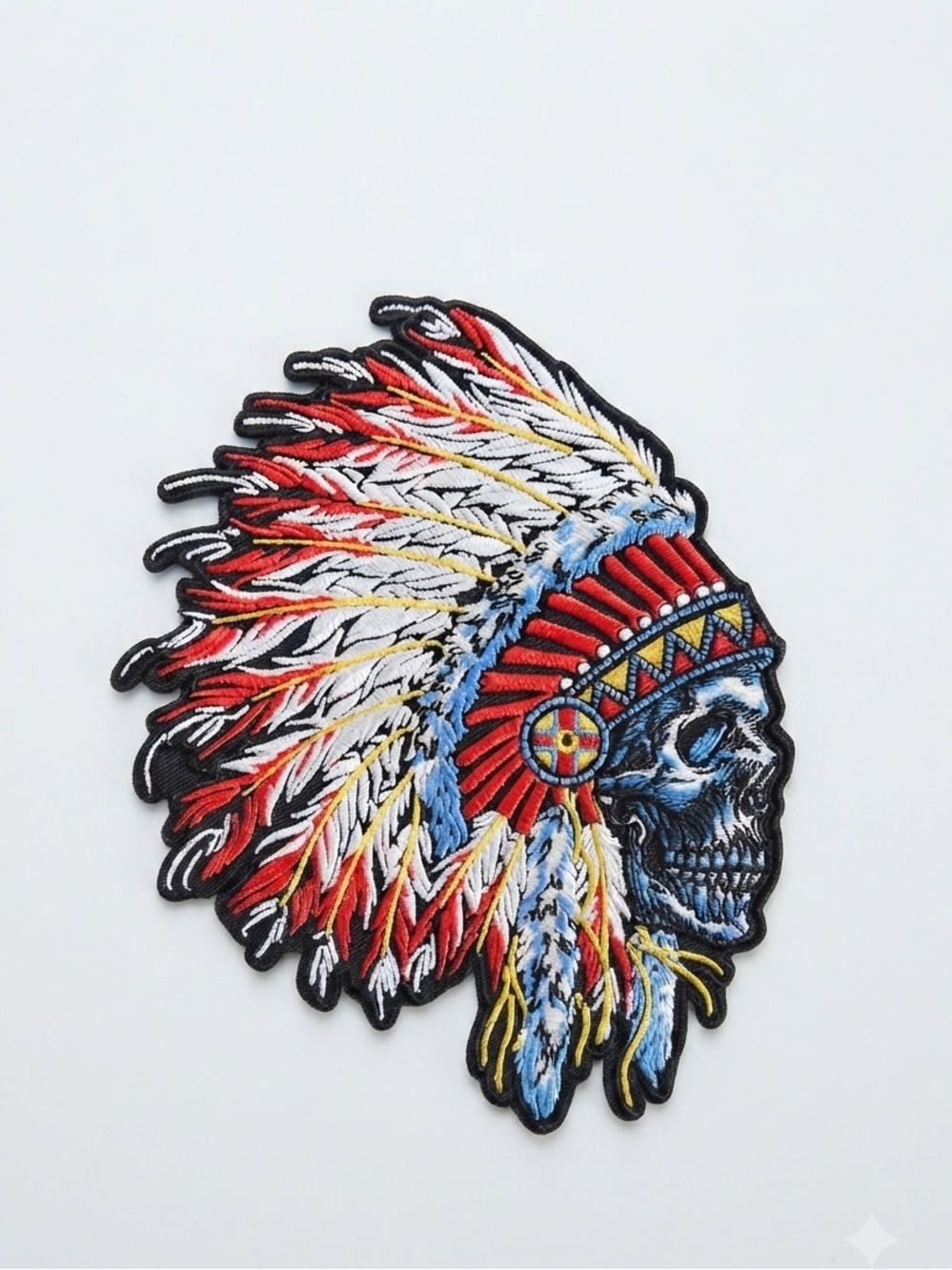 Large Embroidered Skull with Feather Headdress Patch - Red, White, Blue, Yellow